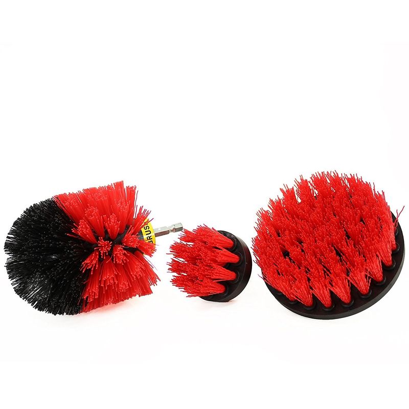 Power Scrub 3 Piece Drill Brush Set Polypropylene Nylon Red Color 3.5"